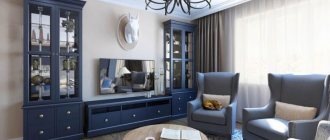 Синяя мебель в светлой гостиной